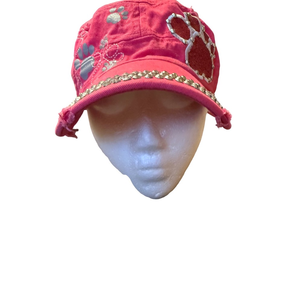 Premium Pink‎ Cadet Hat Glitter Paw Print Studded Distressed Cap Womens